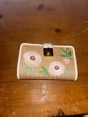 kate spade Beige Woven Floral Wallet with Pink Embroidery